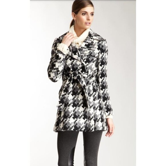 VIA SPIGA Women's Black Multi Print Belt Wool Coat - Picture 1 of 13